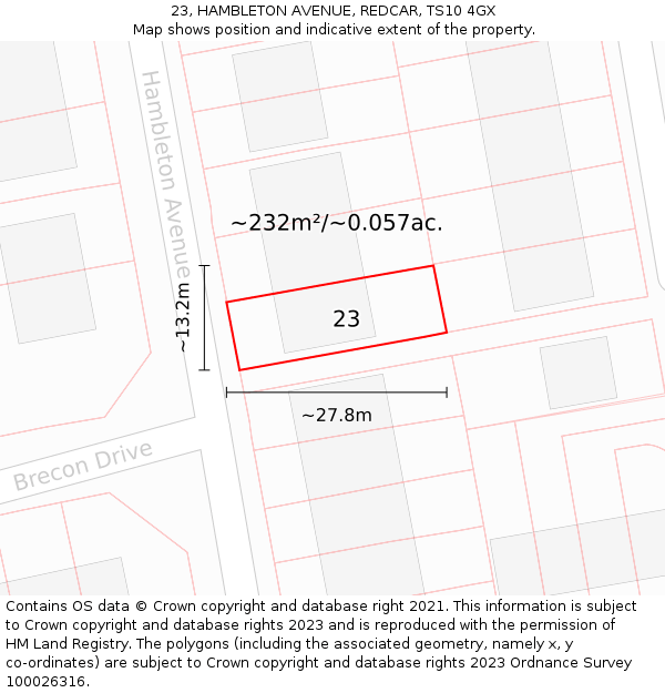 23, HAMBLETON AVENUE, REDCAR, TS10 4GX: Plot and title map