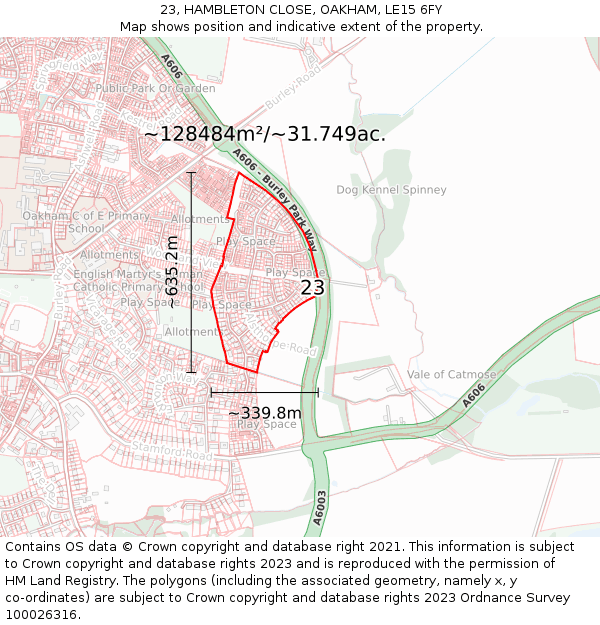 23, HAMBLETON CLOSE, OAKHAM, LE15 6FY: Plot and title map