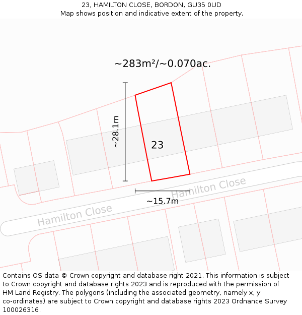 23, HAMILTON CLOSE, BORDON, GU35 0UD: Plot and title map