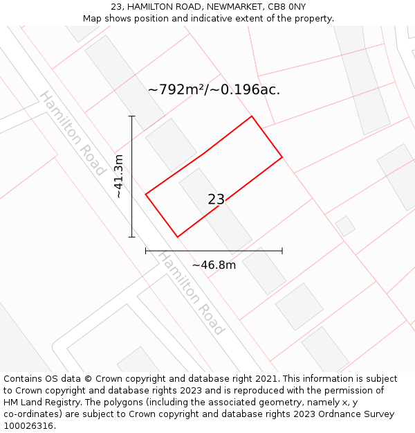 23, HAMILTON ROAD, NEWMARKET, CB8 0NY: Plot and title map