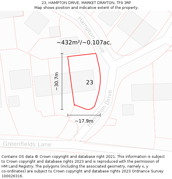 23, HAMPTON DRIVE, MARKET DRAYTON, TF9 3RP: Plot and title map