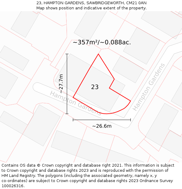 23, HAMPTON GARDENS, SAWBRIDGEWORTH, CM21 0AN: Plot and title map