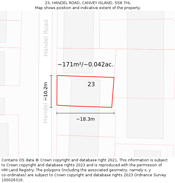 23, HANDEL ROAD, CANVEY ISLAND, SS8 7HL: Plot and title map