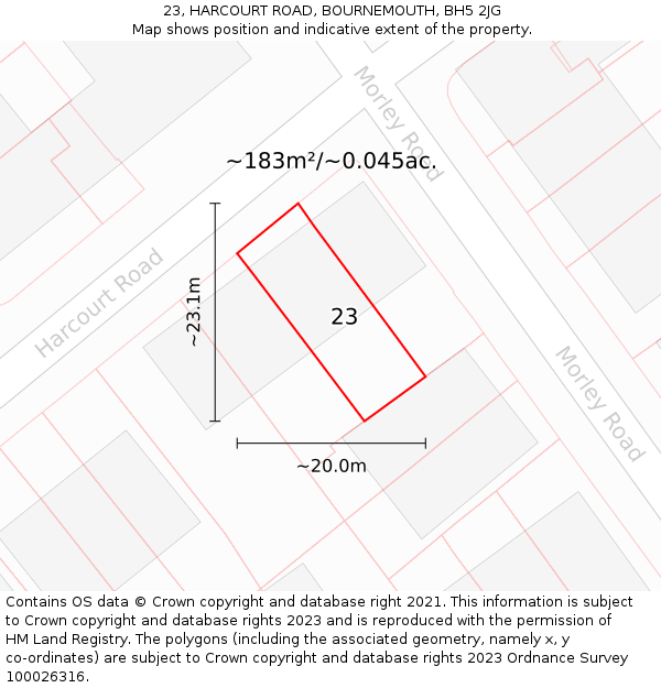 23, HARCOURT ROAD, BOURNEMOUTH, BH5 2JG: Plot and title map