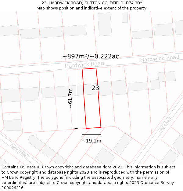 23, HARDWICK ROAD, SUTTON COLDFIELD, B74 3BY: Plot and title map