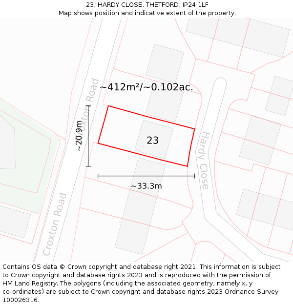 23, HARDY CLOSE, THETFORD, IP24 1LF: Plot and title map