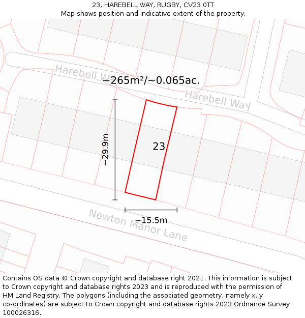 23, HAREBELL WAY, RUGBY, CV23 0TT: Plot and title map