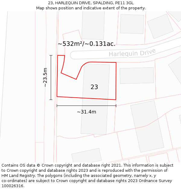 23, HARLEQUIN DRIVE, SPALDING, PE11 3GL: Plot and title map