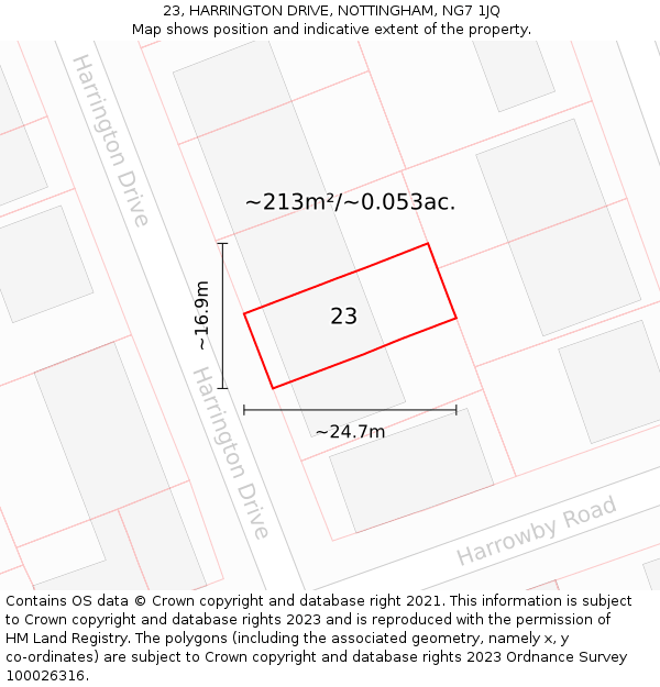 23, HARRINGTON DRIVE, NOTTINGHAM, NG7 1JQ: Plot and title map