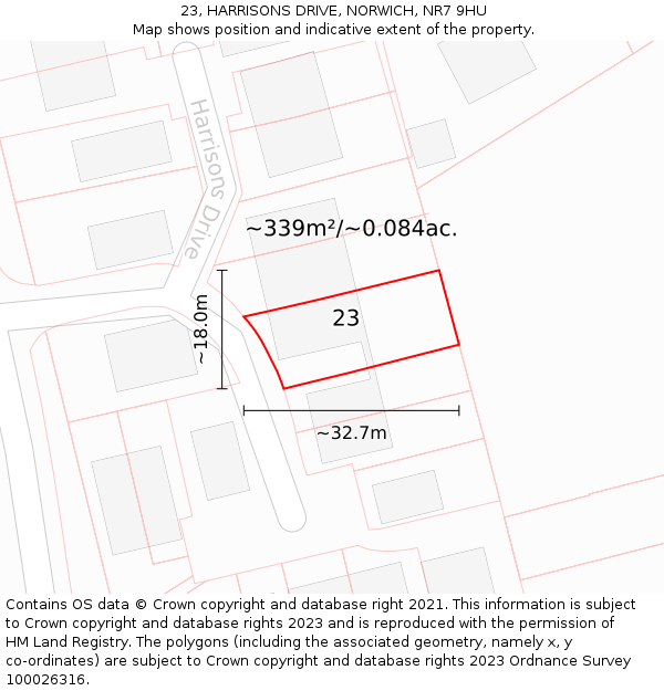 23, HARRISONS DRIVE, NORWICH, NR7 9HU: Plot and title map