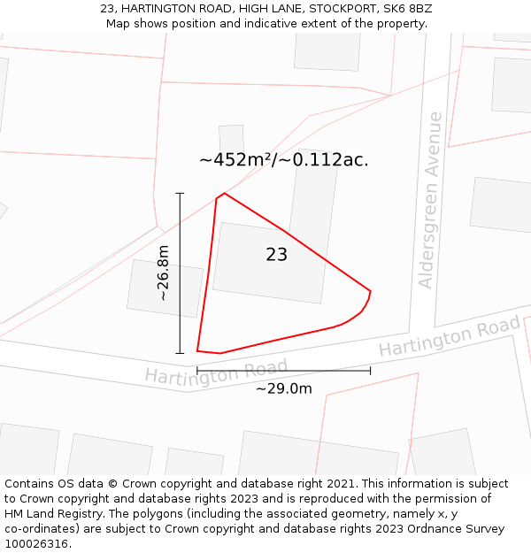 23, HARTINGTON ROAD, HIGH LANE, STOCKPORT, SK6 8BZ: Plot and title map
