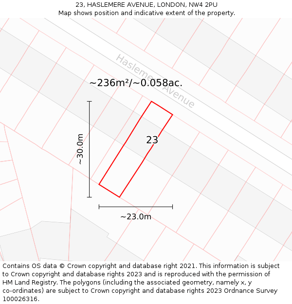 23, HASLEMERE AVENUE, LONDON, NW4 2PU: Plot and title map