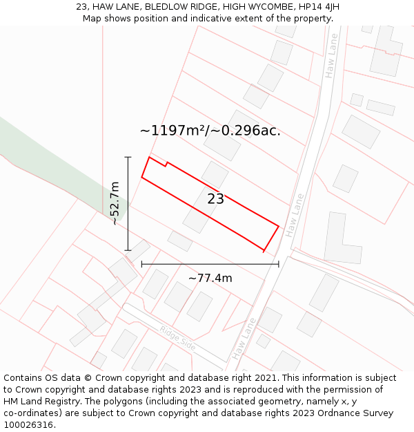 23, HAW LANE, BLEDLOW RIDGE, HIGH WYCOMBE, HP14 4JH: Plot and title map