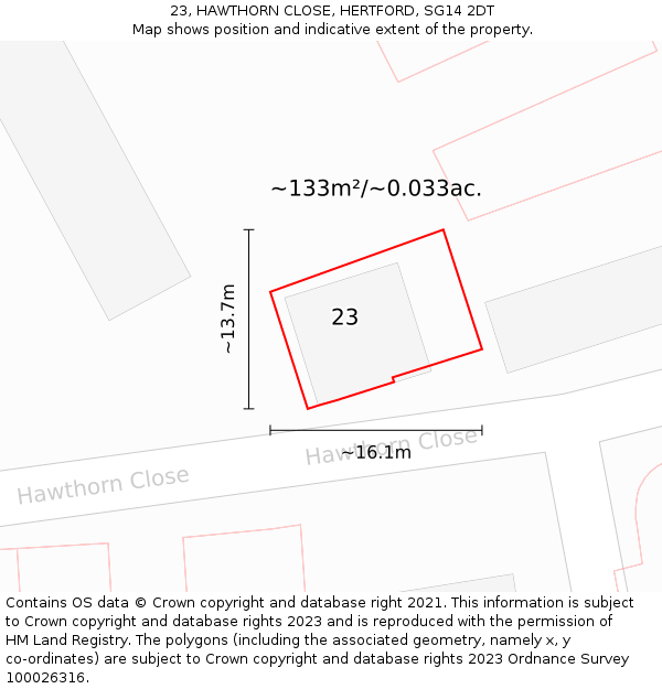 23, HAWTHORN CLOSE, HERTFORD, SG14 2DT: Plot and title map