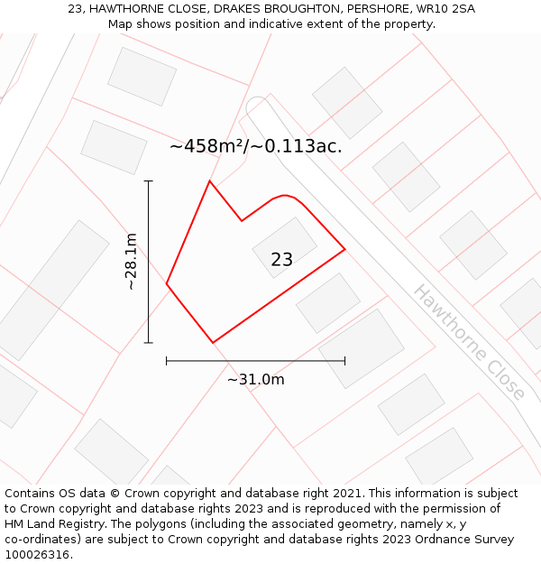 23, HAWTHORNE CLOSE, DRAKES BROUGHTON, PERSHORE, WR10 2SA: Plot and title map