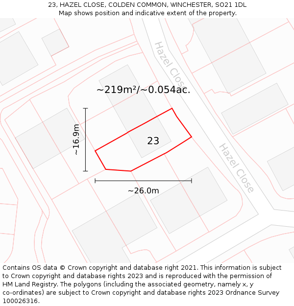 23, HAZEL CLOSE, COLDEN COMMON, WINCHESTER, SO21 1DL: Plot and title map