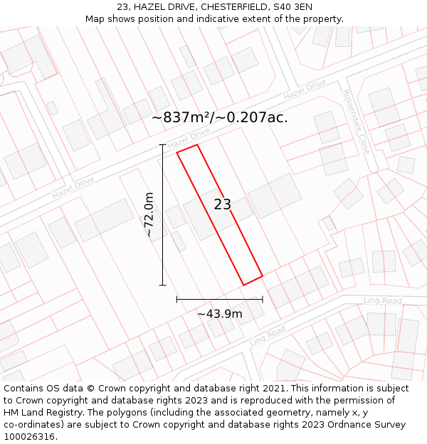 23, HAZEL DRIVE, CHESTERFIELD, S40 3EN: Plot and title map