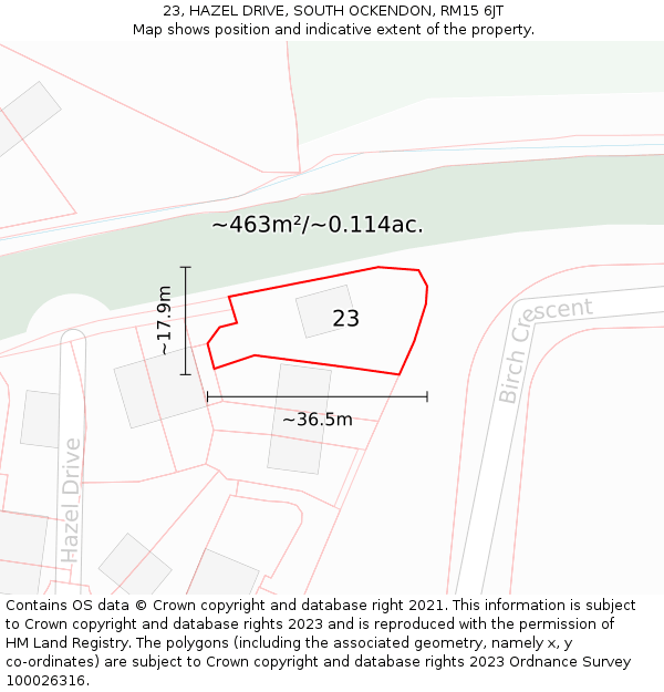 23, HAZEL DRIVE, SOUTH OCKENDON, RM15 6JT: Plot and title map