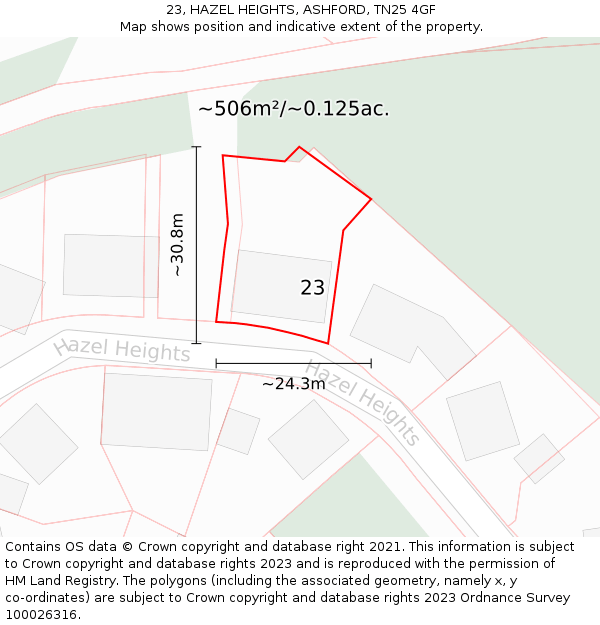 23, HAZEL HEIGHTS, ASHFORD, TN25 4GF: Plot and title map