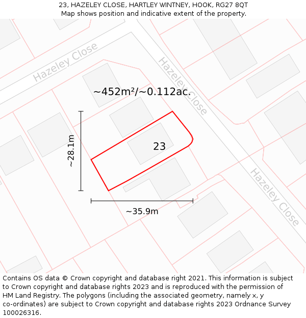 23, HAZELEY CLOSE, HARTLEY WINTNEY, HOOK, RG27 8QT: Plot and title map