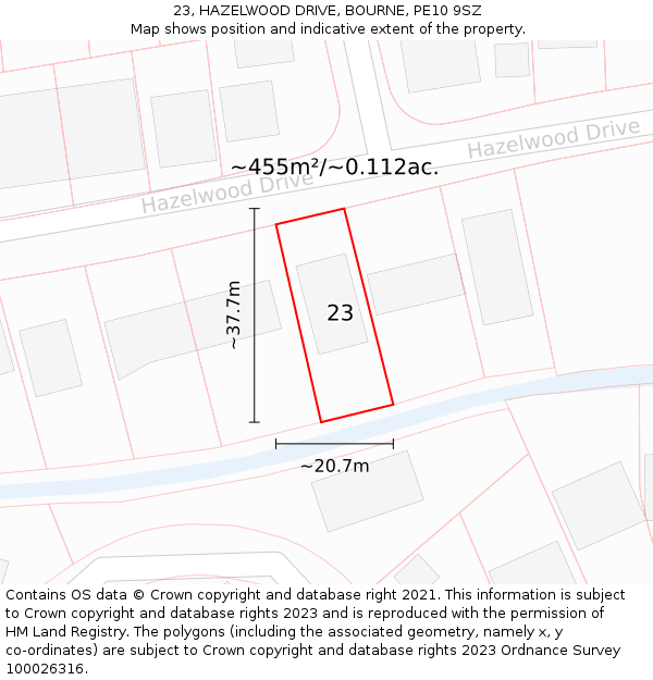 23, HAZELWOOD DRIVE, BOURNE, PE10 9SZ: Plot and title map