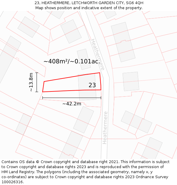 23, HEATHERMERE, LETCHWORTH GARDEN CITY, SG6 4QH: Plot and title map