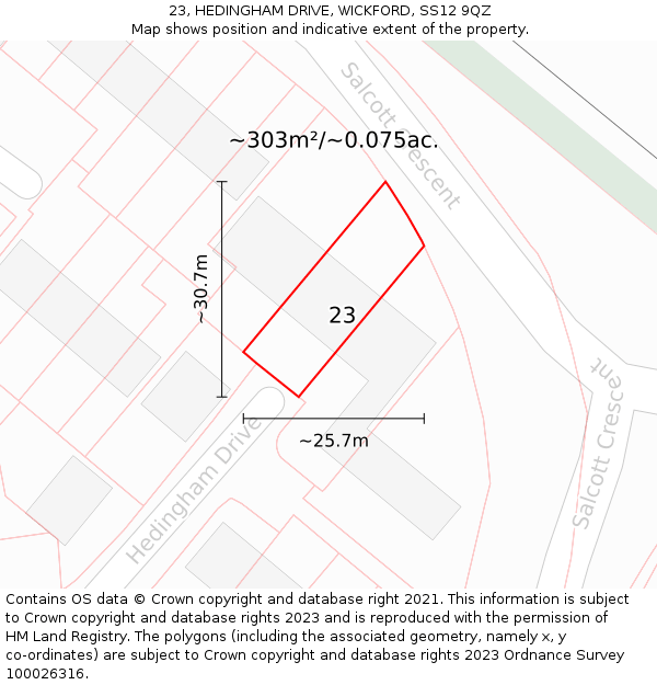 23, HEDINGHAM DRIVE, WICKFORD, SS12 9QZ: Plot and title map