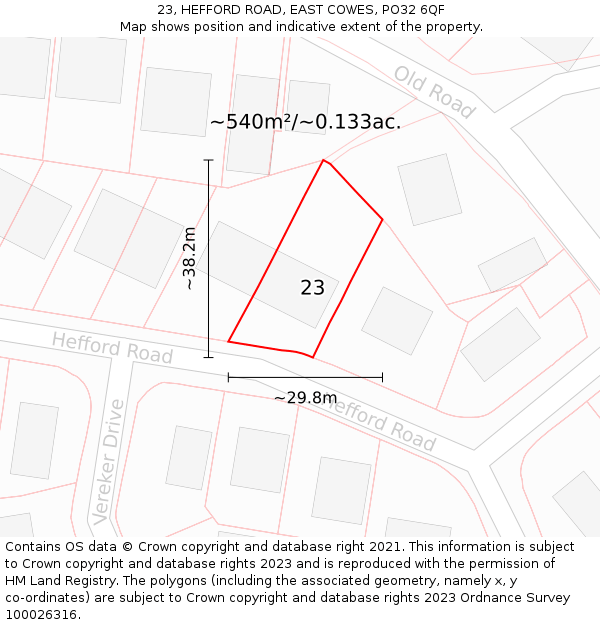 23, HEFFORD ROAD, EAST COWES, PO32 6QF: Plot and title map