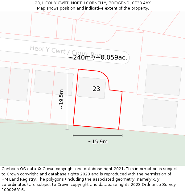 23, HEOL Y CWRT, NORTH CORNELLY, BRIDGEND, CF33 4AX: Plot and title map