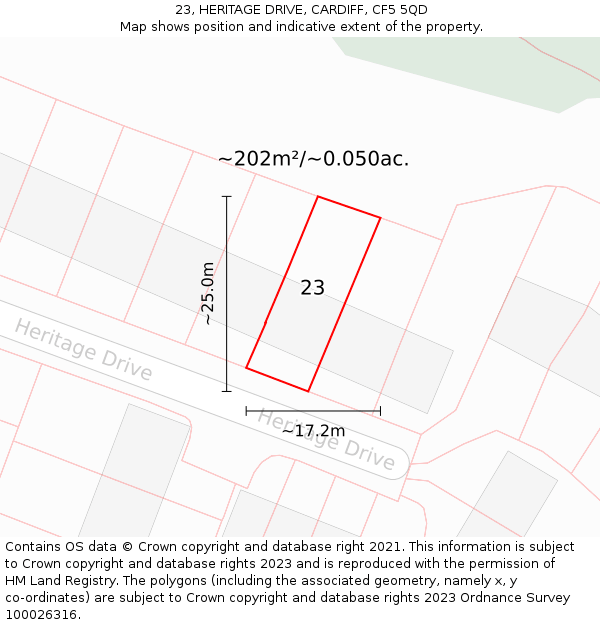 23, HERITAGE DRIVE, CARDIFF, CF5 5QD: Plot and title map