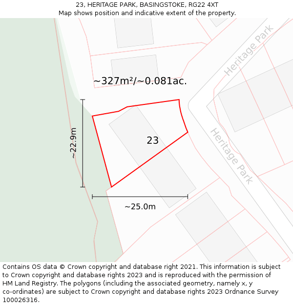 23, HERITAGE PARK, BASINGSTOKE, RG22 4XT: Plot and title map