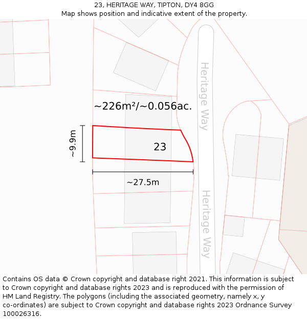 23, HERITAGE WAY, TIPTON, DY4 8GG: Plot and title map