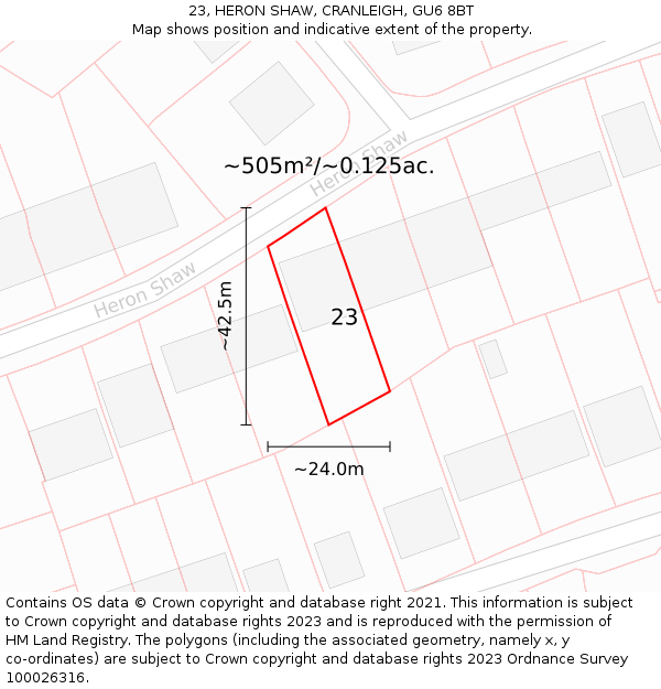 23, HERON SHAW, CRANLEIGH, GU6 8BT: Plot and title map