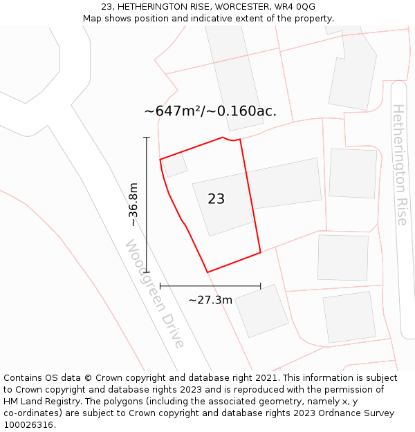 23, HETHERINGTON RISE, WORCESTER, WR4 0QG: Plot and title map