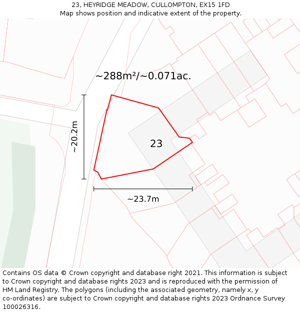 23, HEYRIDGE MEADOW, CULLOMPTON, EX15 1FD: Plot and title map