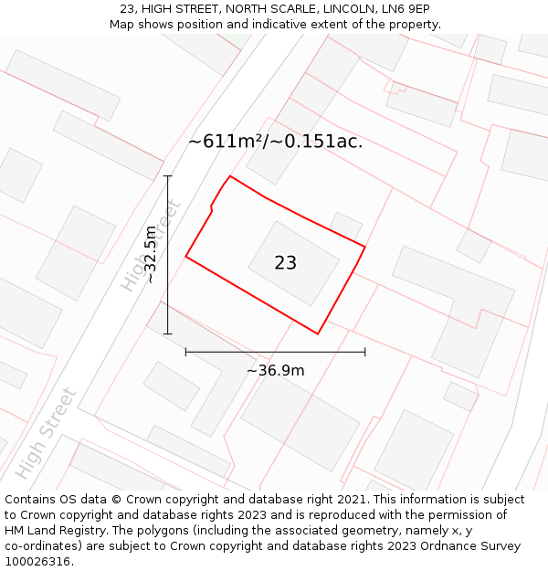 23, HIGH STREET, NORTH SCARLE, LINCOLN, LN6 9EP: Plot and title map