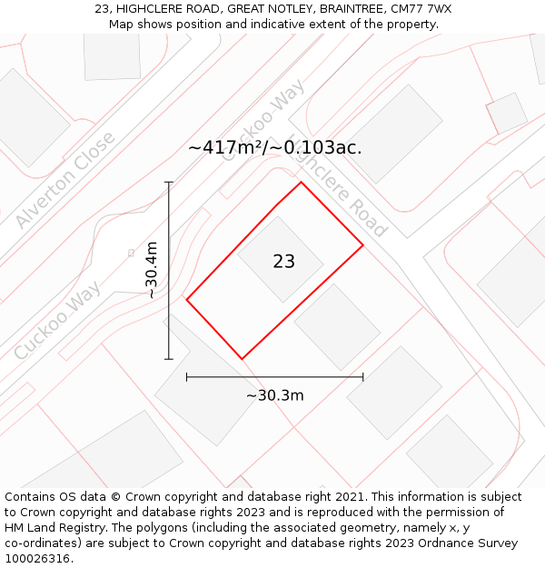 23, HIGHCLERE ROAD, GREAT NOTLEY, BRAINTREE, CM77 7WX: Plot and title map