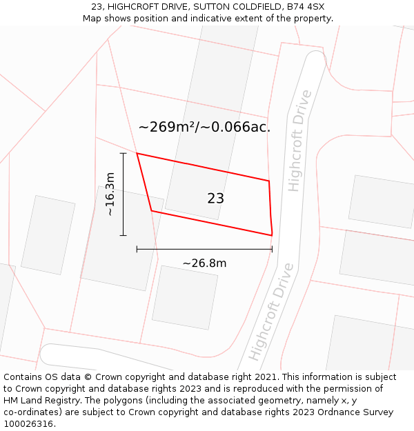 23, HIGHCROFT DRIVE, SUTTON COLDFIELD, B74 4SX: Plot and title map