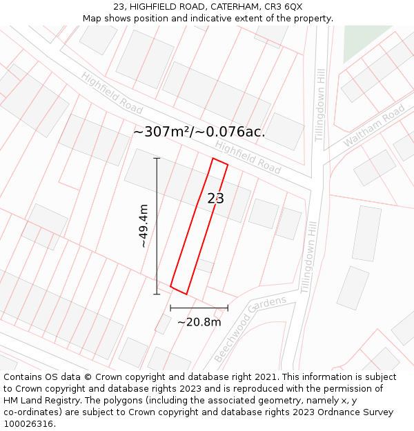 23, HIGHFIELD ROAD, CATERHAM, CR3 6QX: Plot and title map