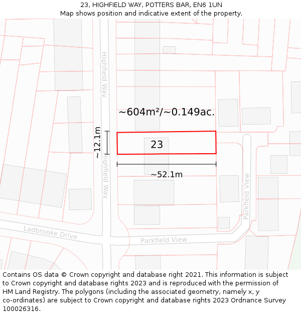 23, HIGHFIELD WAY, POTTERS BAR, EN6 1UN: Plot and title map