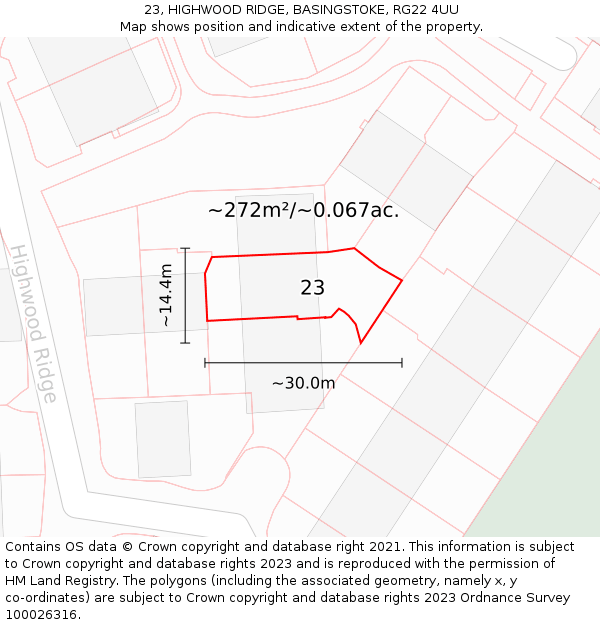 23, HIGHWOOD RIDGE, BASINGSTOKE, RG22 4UU: Plot and title map