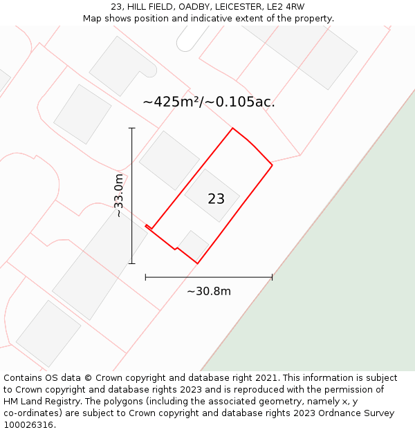 23, HILL FIELD, OADBY, LEICESTER, LE2 4RW: Plot and title map