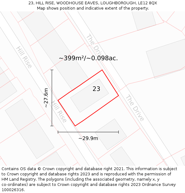 23, HILL RISE, WOODHOUSE EAVES, LOUGHBOROUGH, LE12 8QX: Plot and title map