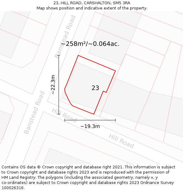 23, HILL ROAD, CARSHALTON, SM5 3RA: Plot and title map