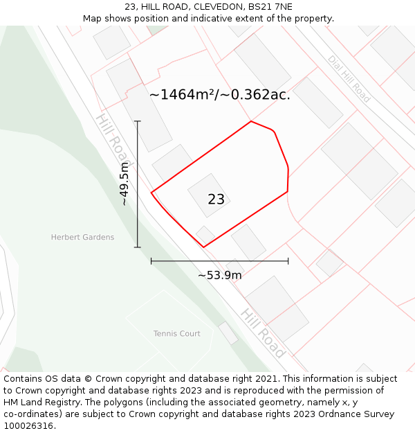 23, HILL ROAD, CLEVEDON, BS21 7NE: Plot and title map