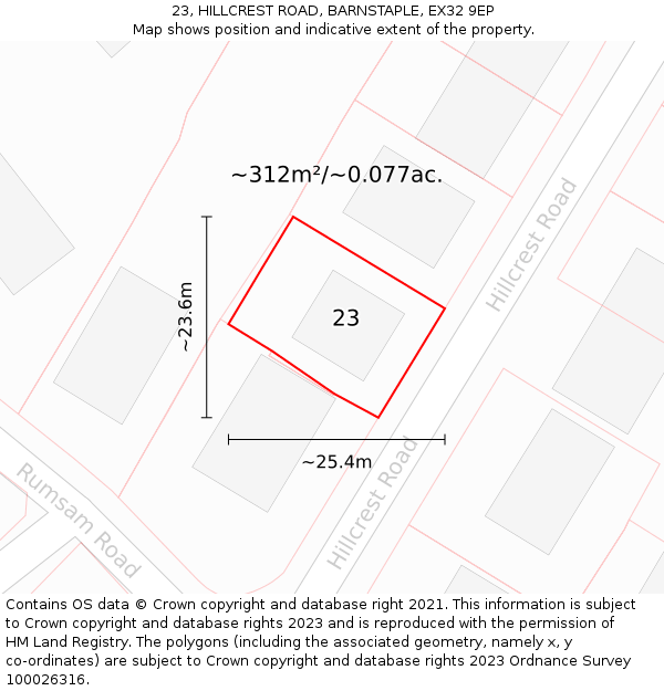 23, HILLCREST ROAD, BARNSTAPLE, EX32 9EP: Plot and title map