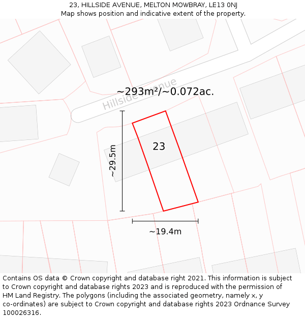 23, HILLSIDE AVENUE, MELTON MOWBRAY, LE13 0NJ: Plot and title map