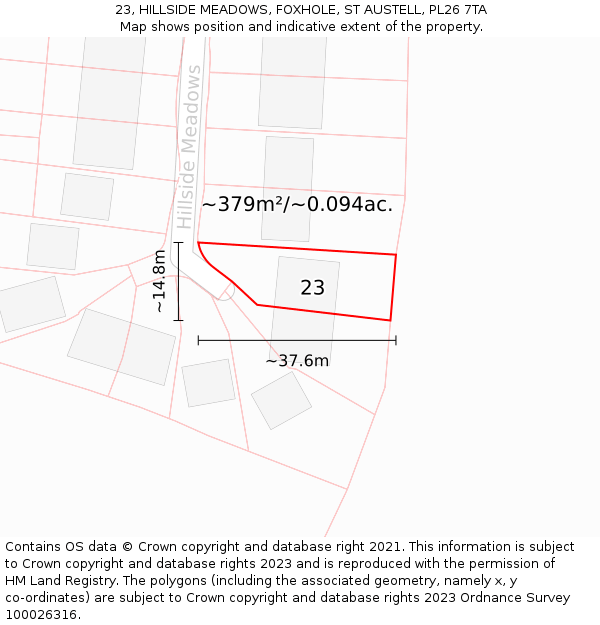 23, HILLSIDE MEADOWS, FOXHOLE, ST AUSTELL, PL26 7TA: Plot and title map