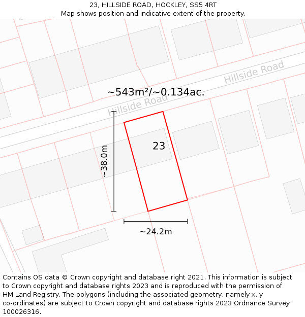 23, HILLSIDE ROAD, HOCKLEY, SS5 4RT: Plot and title map