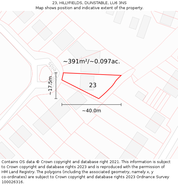 23, HILLYFIELDS, DUNSTABLE, LU6 3NS: Plot and title map